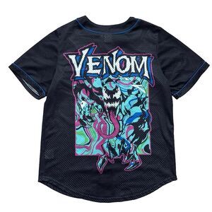 Marvel Venom Baseball Jersey Men’s Size L Black Blue Trim Graphic Mesh Shirt